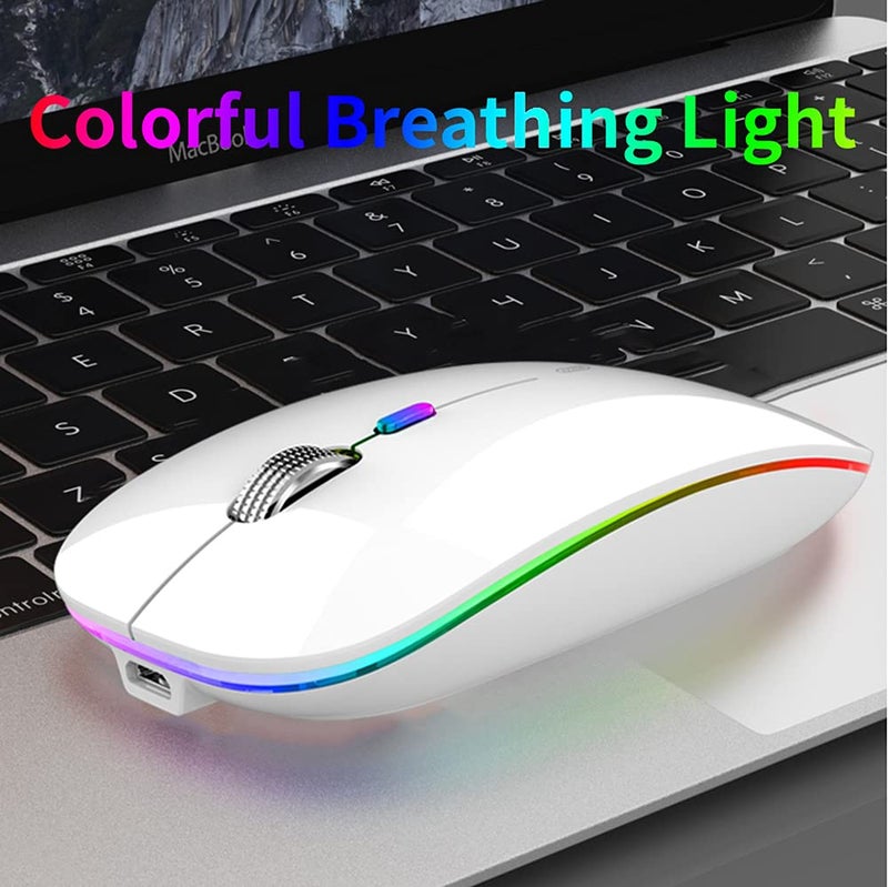 Uiosmuph LED Wireless Mouse, G12 Slim Rechargeable Silent Mouse, 2.4G Portable USB Optical Wireless Computer Mice with USB Receiver and Type C Adapter (White) - Image 2